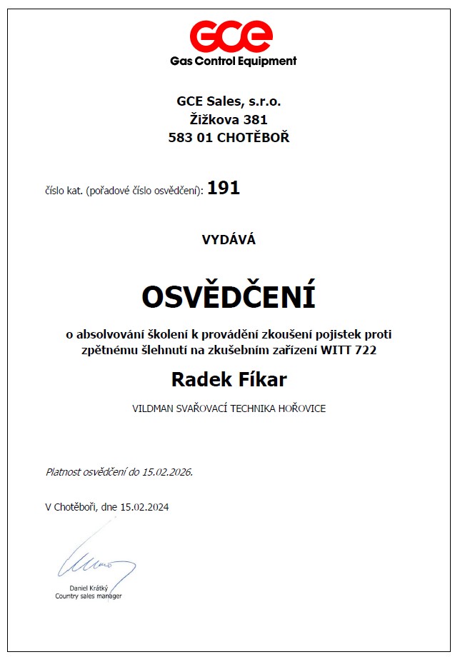 Radek Fíkar - certifikát